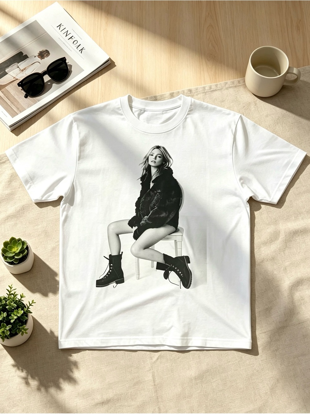 White Short Sleeve Tee with Monochrome Photo Graphic